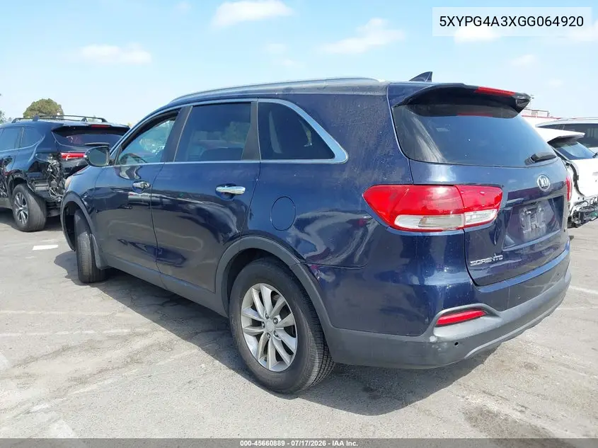 2016 Kia Sorento 2.4L Lx VIN: 5XYPG4A3XGG064920 Lot: 45660889