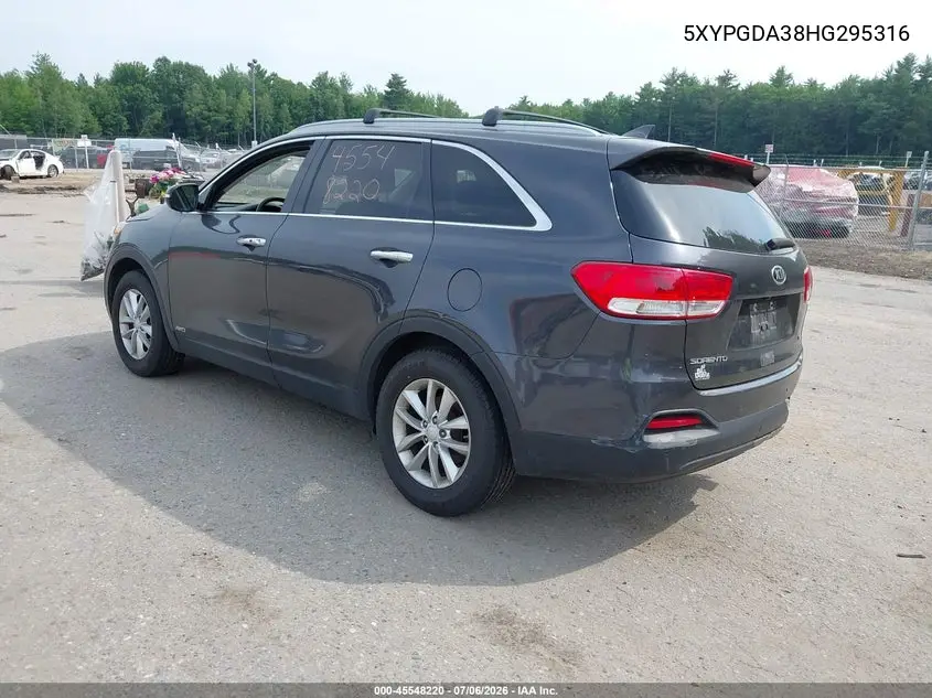 2017 Kia Sorento 2.4L Lx VIN: 5XYPGDA38HG295316 Lot: 45548220