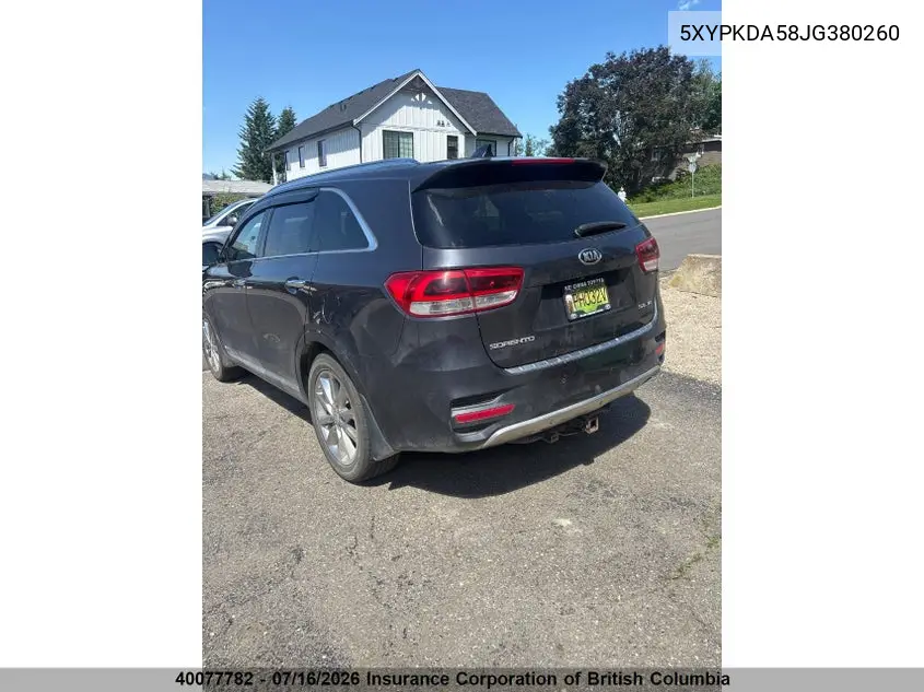 2018 Kia Sorento Sx/Sx Limited VIN: 5XYPKDA58JG380260 Lot: 40077782