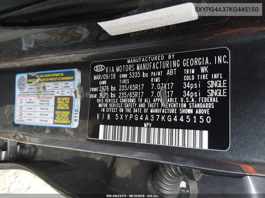 2019 Kia Sorento 2.4L Lx VIN: 5XYPG4A37KG445150 Lot: 45423370