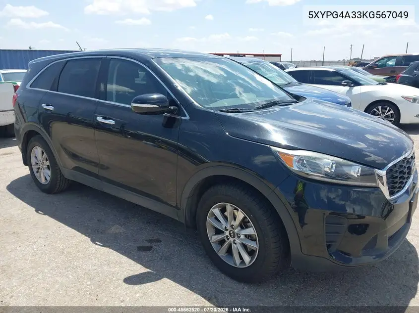 2019 Kia Sorento 2.4L L VIN: 5XYPG4A33KG567049 Lot: 45662520