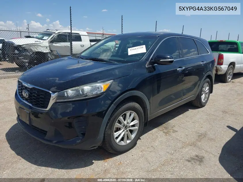 2019 Kia Sorento 2.4L L VIN: 5XYPG4A33KG567049 Lot: 45662520