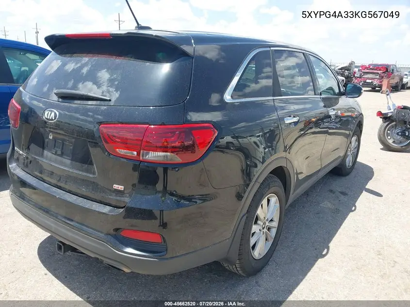 2019 Kia Sorento 2.4L L VIN: 5XYPG4A33KG567049 Lot: 45662520
