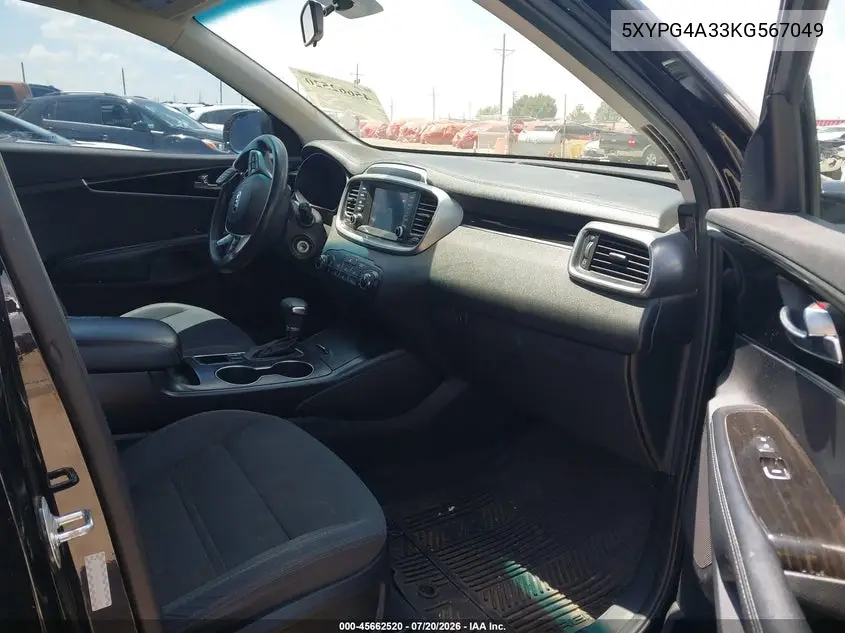 2019 Kia Sorento 2.4L L VIN: 5XYPG4A33KG567049 Lot: 45662520