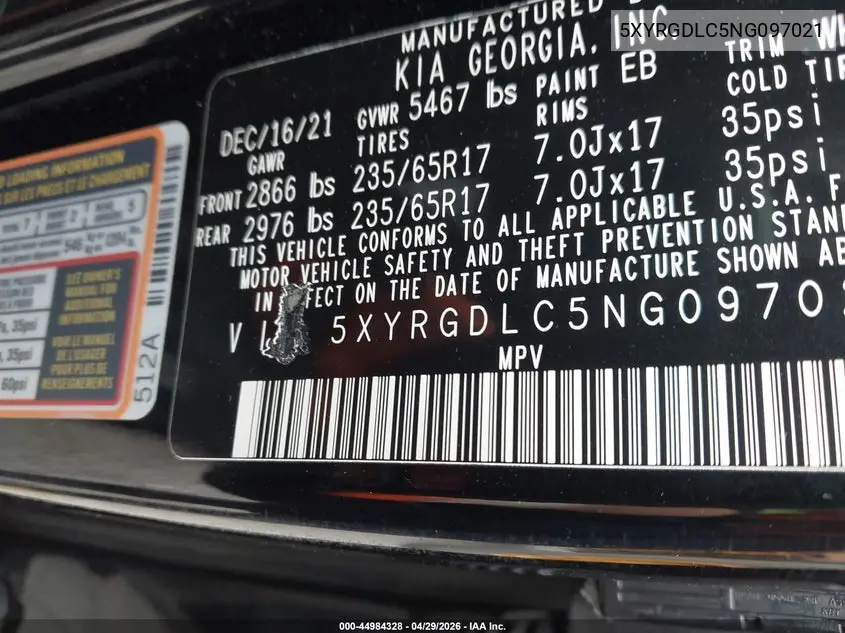 2022 Kia Sorento Lx VIN: 5XYRGDLC5NG097021 Lot: 44984328