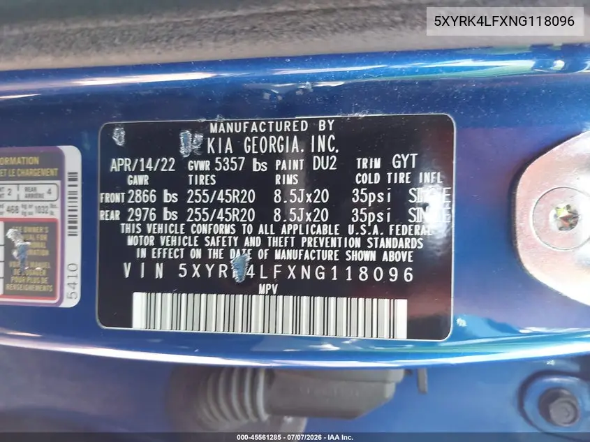 2022 Kia Sorento Sx VIN: 5XYRK4LFXNG118096 Lot: 45561285
