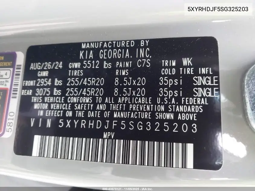 5XYRHDJF5SG325203 2025 Kia Sorento X-Line Ex
