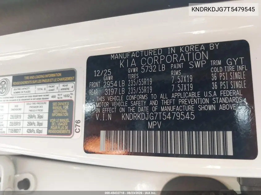 2026 Kia Sorento Hybrid X-Line Sx Prestige VIN: KNDRKDJG7T5479545 Lot: 45432718