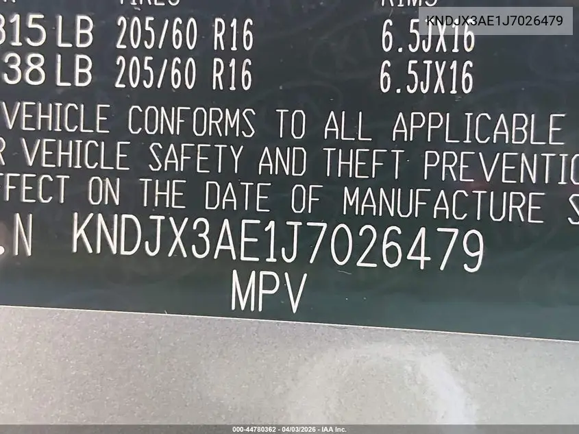 2018 Kia Soul Ev + VIN: KNDJX3AE1J7026479 Lot: 44780362