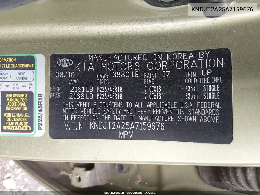 2010 Kia Soul ! VIN: KNDJT2A25A7159676 Lot: 45498628