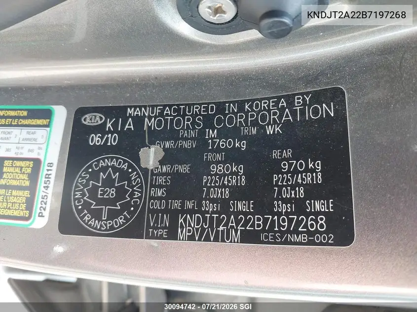 2011 Kia Soul +/!/Sport VIN: KNDJT2A22B7197268 Lot: 30094742