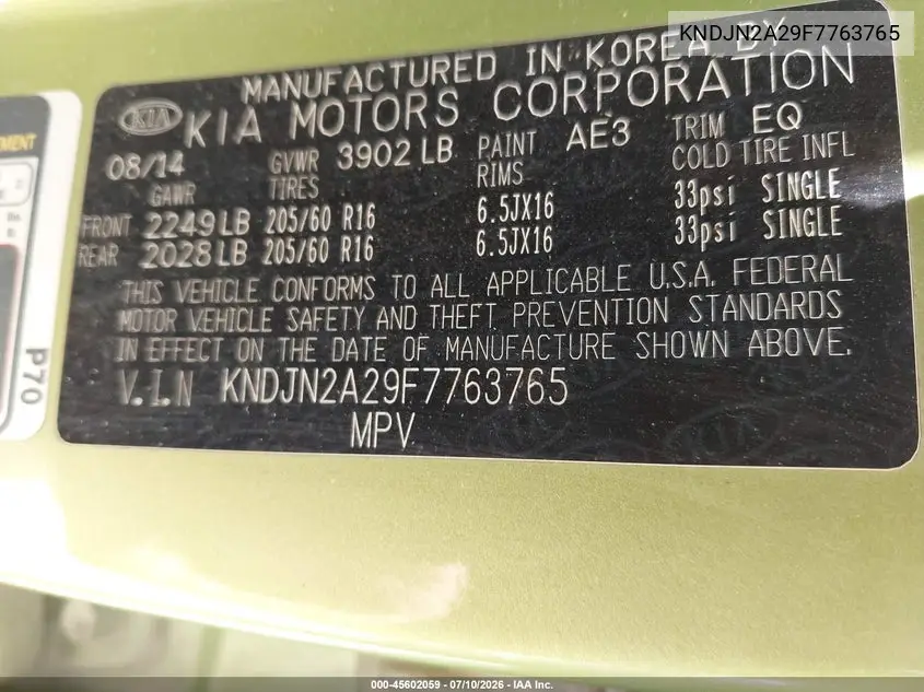 2015 Kia Soul VIN: KNDJN2A29F7763765 Lot: 45602059
