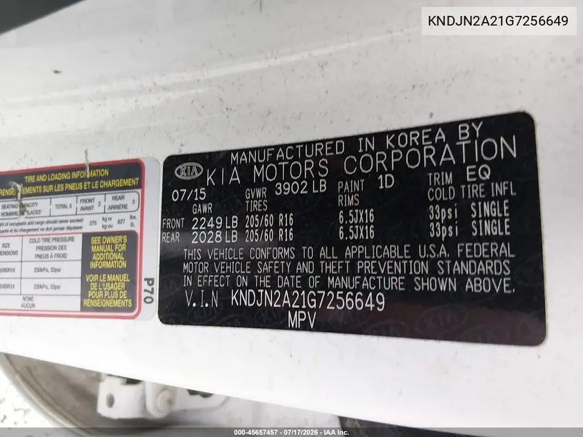 2016 Kia Soul VIN: KNDJN2A21G7256649 Lot: 45657457
