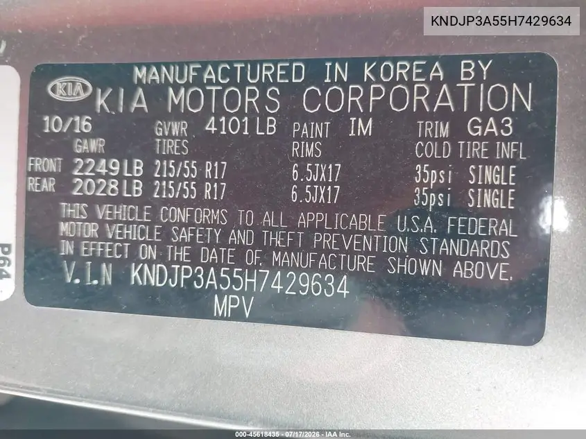 2017 Kia Soul + VIN: KNDJP3A55H7429634 Lot: 45618435