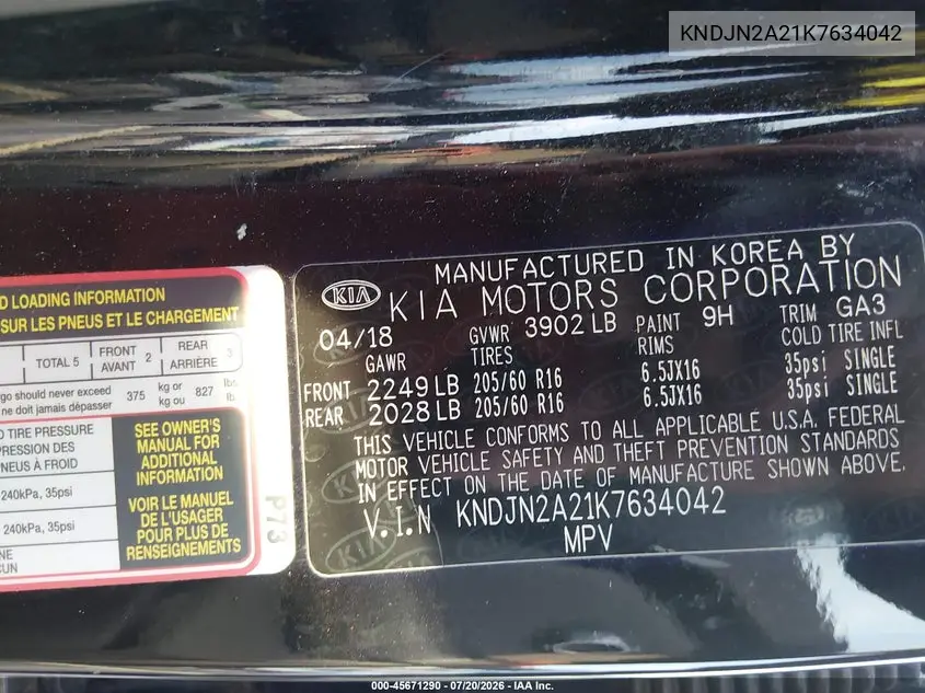 2019 Kia Soul VIN: KNDJN2A21K7634042 Lot: 45671290