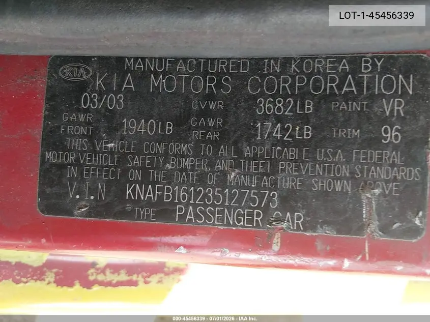 2003 Kia Spectra VIN: KNAFB161235127573 Lot: 45456339