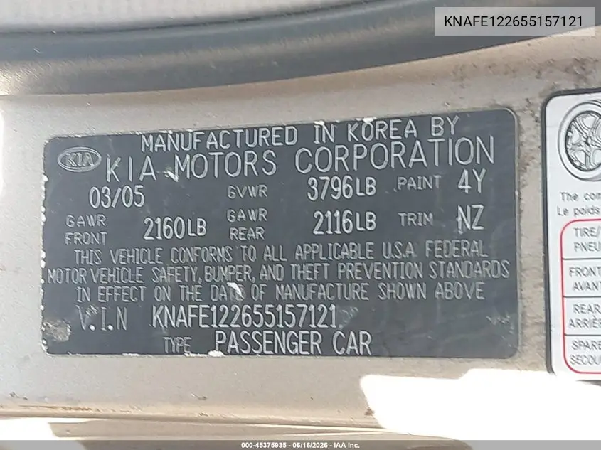 2005 Kia Spectra Ex/Lx/Sx VIN: KNAFE122655157121 Lot: 45375935