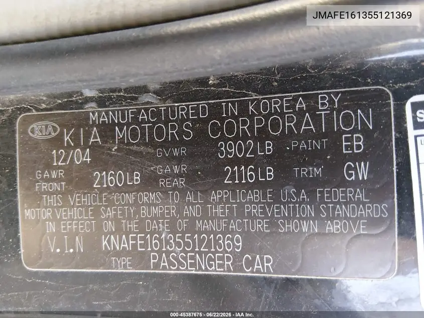 2005 Kia Spectra5 VIN: KNAFE161355121369 Lot: 45387675