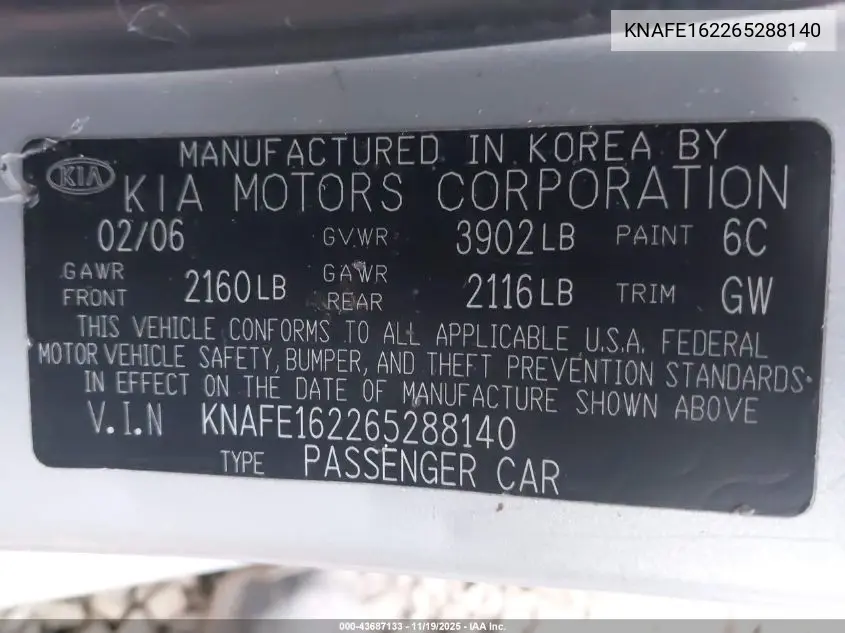 2006 Kia Spectra5 VIN: KNAFE162265288140 Lot: 43687133