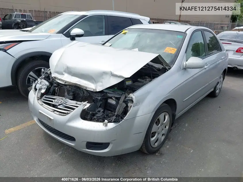 2007 Kia Spectra Ex/Lx VIN: KNAFE121275414334 Lot: 40071626