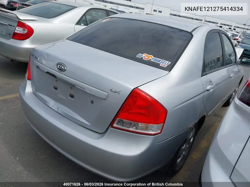 2007 Kia Spectra Ex/Lx VIN: KNAFE121275414334 Lot: 40071626