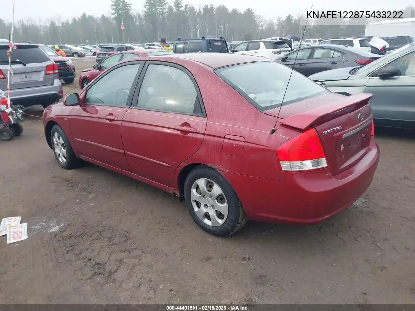 2007 Kia Spectra Ex VIN: KNAFE122875433222 Lot: 44401501