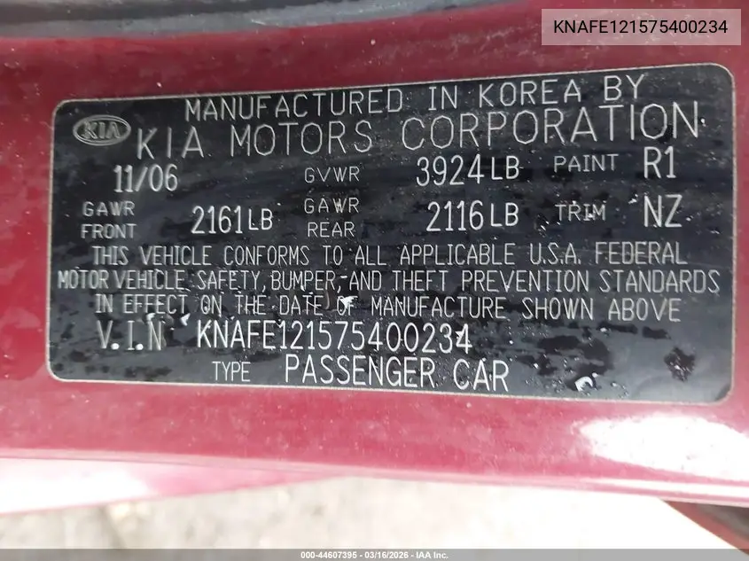 2007 Kia Spectra Ex VIN: KNAFE121575400234 Lot: 44607395