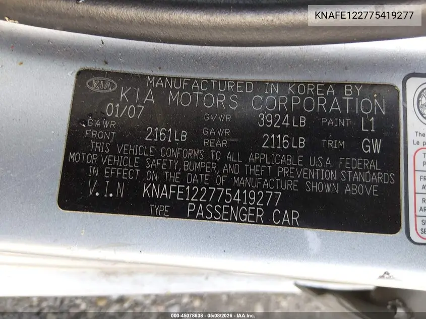 2007 Kia Spectra Ex VIN: KNAFE122775419277 Lot: 45078638