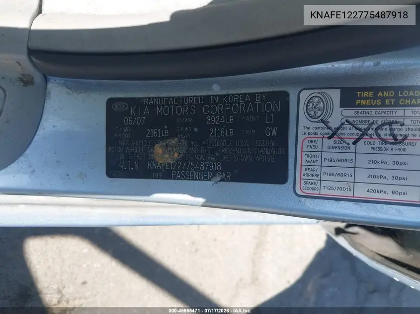 2007 Kia Spectra Ex VIN: KNAFE122775487918 Lot: 45666471