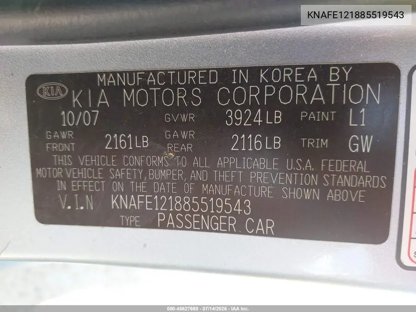 2008 Kia Spectra Ex VIN: KNAFE121885519543 Lot: 45627669