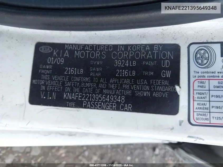 2009 Kia Spectra Ex VIN: KNAFE221395649348 Lot: 43711206