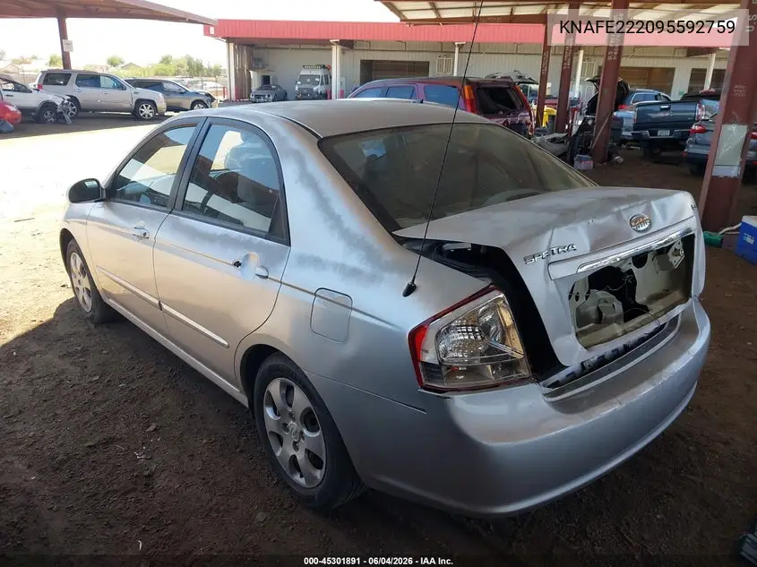 2009 Kia Spectra Ex VIN: KNAFE222095592759 Lot: 45301891