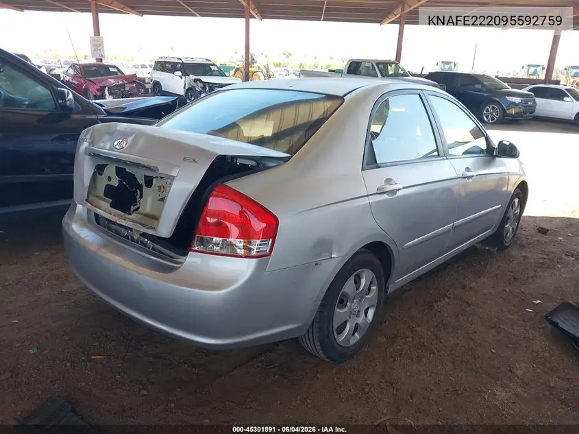 2009 Kia Spectra Ex VIN: KNAFE222095592759 Lot: 45301891