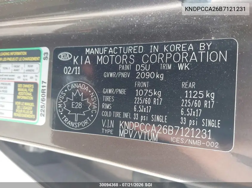 2011 Kia Sportage Ex/Sx VIN: KNDPCCA26B7121231 Lot: 30094368