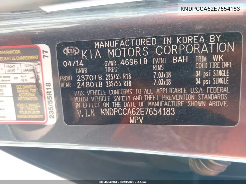 2014 Kia Sportage Sx VIN: KNDPCCA62E7654183 Lot: 45349964