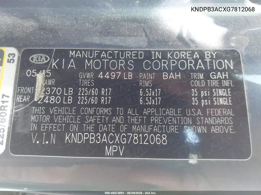 2016 Kia Sportage Lx VIN: KNDPB3ACXG7812068 Lot: 45474891