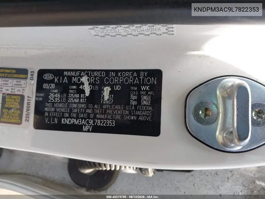 2020 Kia Sportage Lx VIN: KNDPM3AC9L7822353 Lot: 45375795