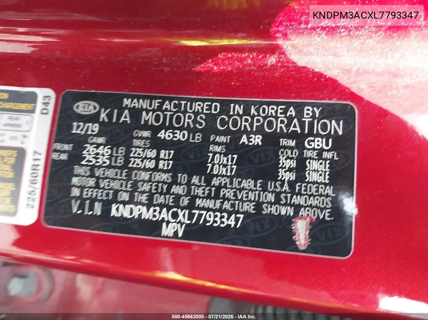 2020 Kia Sportage Lx VIN: KNDPM3ACXL7793347 Lot: 45663000