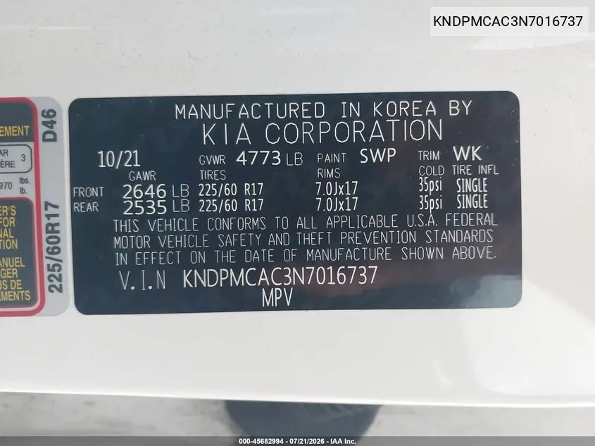 2022 Kia Sportage Lx VIN: KNDPMCAC3N7016737 Lot: 45682994