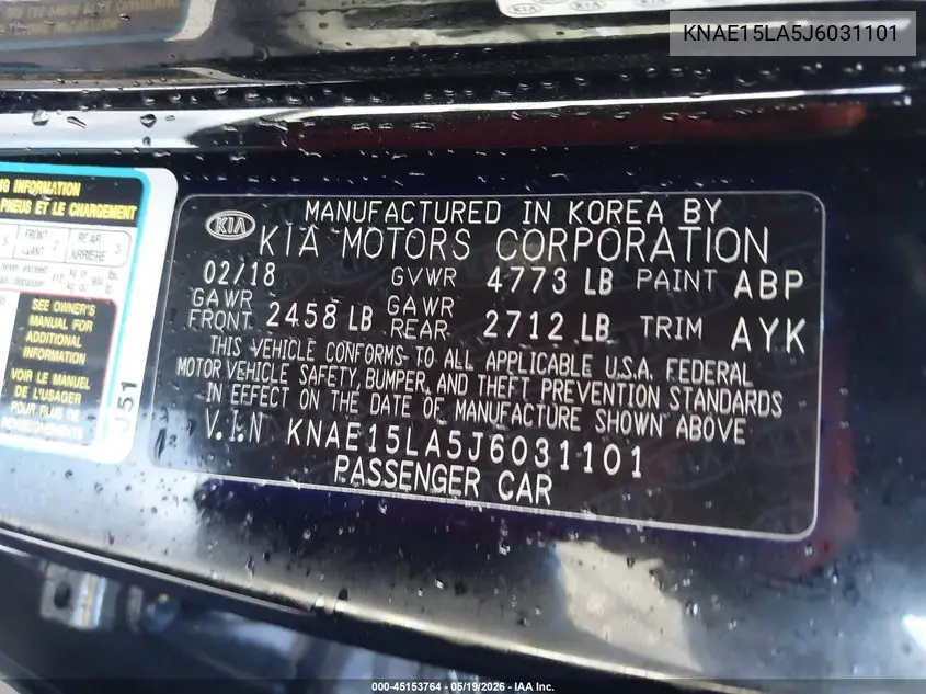 2018 Kia Stinger VIN: KNAE15LA5J6031101 Lot: 45153764