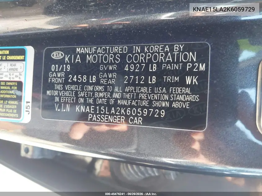 2019 Kia Stinger VIN: KNAE15LA2K6059729 Lot: 45476241