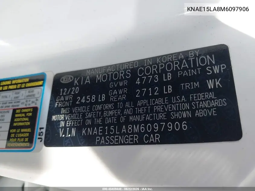 2021 Kia Stinger Gt-Line VIN: KNAE15LA8M6097906 Lot: 45459448