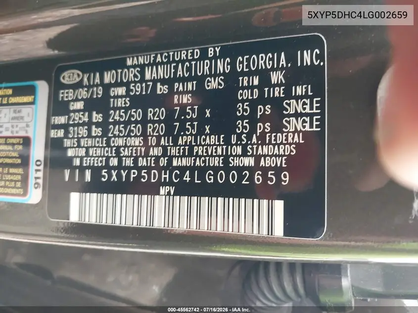 2020 Kia Telluride Sx VIN: 5XYP5DHC4LG002659 Lot: 45562742
