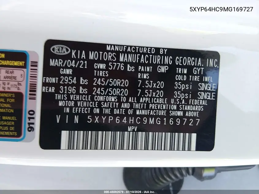 2021 Kia Telluride S VIN: 5XYP64HC9MG169727 Lot: 45592579