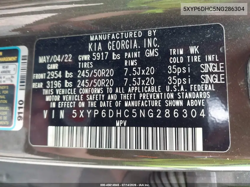 2022 Kia Telluride S VIN: 5XYP6DHC5NG286304 Lot: 45614945