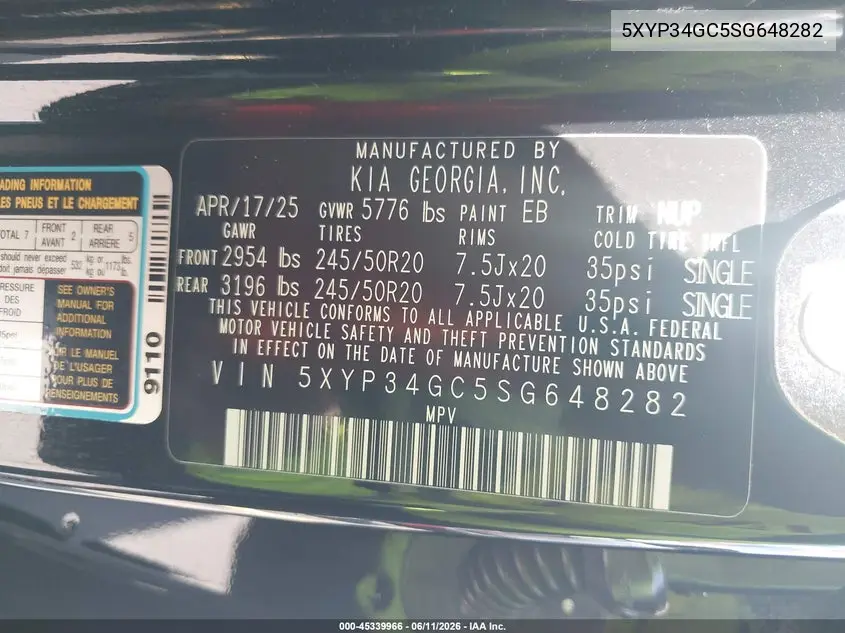 2025 Kia Telluride Ex VIN: 5XYP34GC5SG648282 Lot: 45339966
