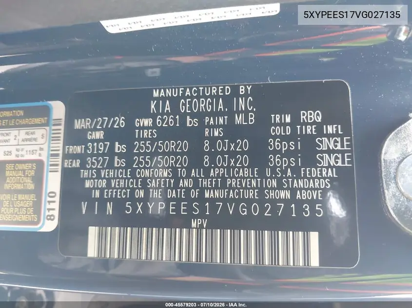 2027 Kia Telluride S VIN: 5XYPEES17VG027135 Lot: 45579203