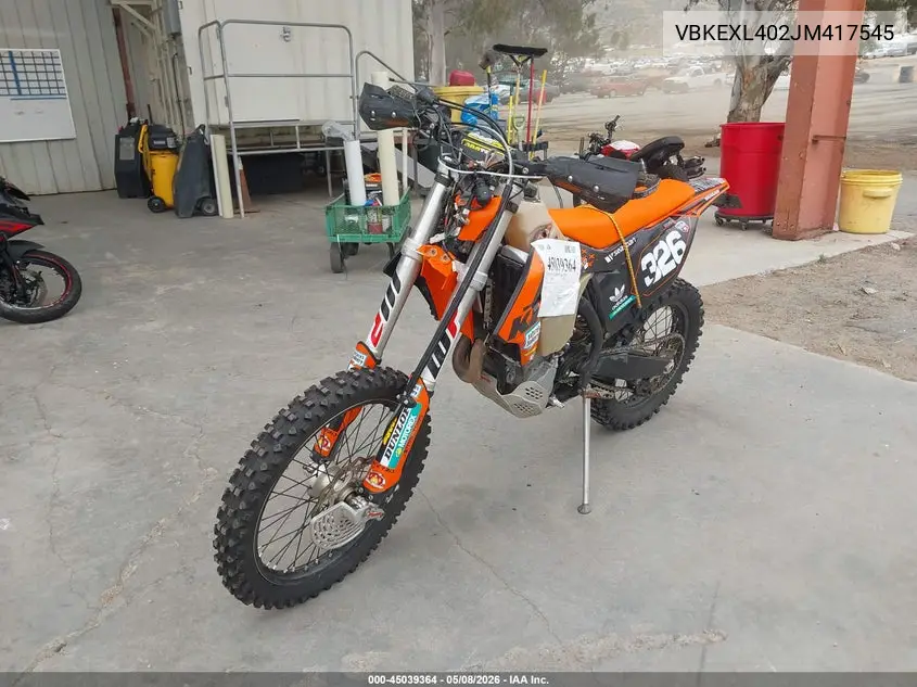 2018 Ktm 500 Exc-F VIN: VBKEXL402JM417545 Lot: 45039364