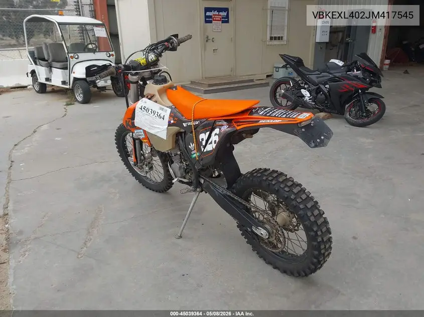 2018 Ktm 500 Exc-F VIN: VBKEXL402JM417545 Lot: 45039364