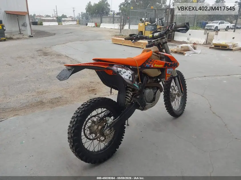 2018 Ktm 500 Exc-F VIN: VBKEXL402JM417545 Lot: 45039364